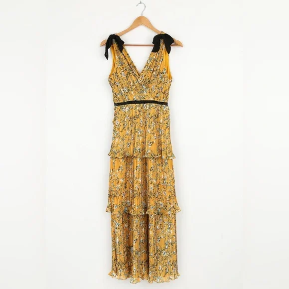 such sophistication yellow floral print pleated maxi dress Yellow Floral Print Dress - Tiered Maxi Dress - Pleated Dress